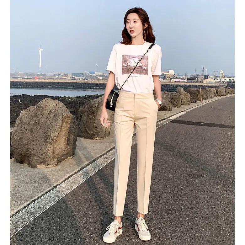 

2021 New Summer Women's Fashion Thin High Waist Suit Pants Female Straight Pants Office Ladies Casual Ankle-length Trousers L345
