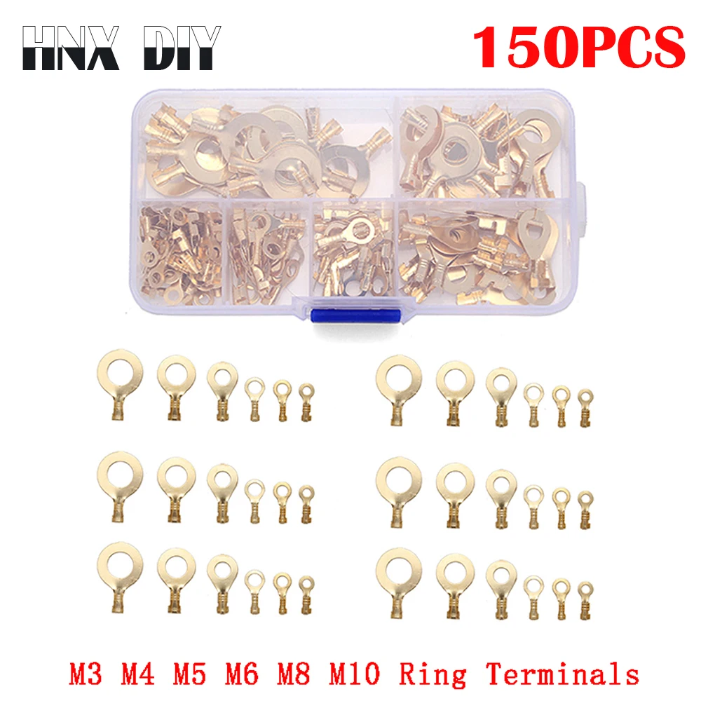 

M3/M4/M5/M6/M8/M10 Ring Lugs Ring Eyes Copper Crimp Terminals Cable Lug Wire Connector Non-insulated Diy Assortment Kit 150PCS