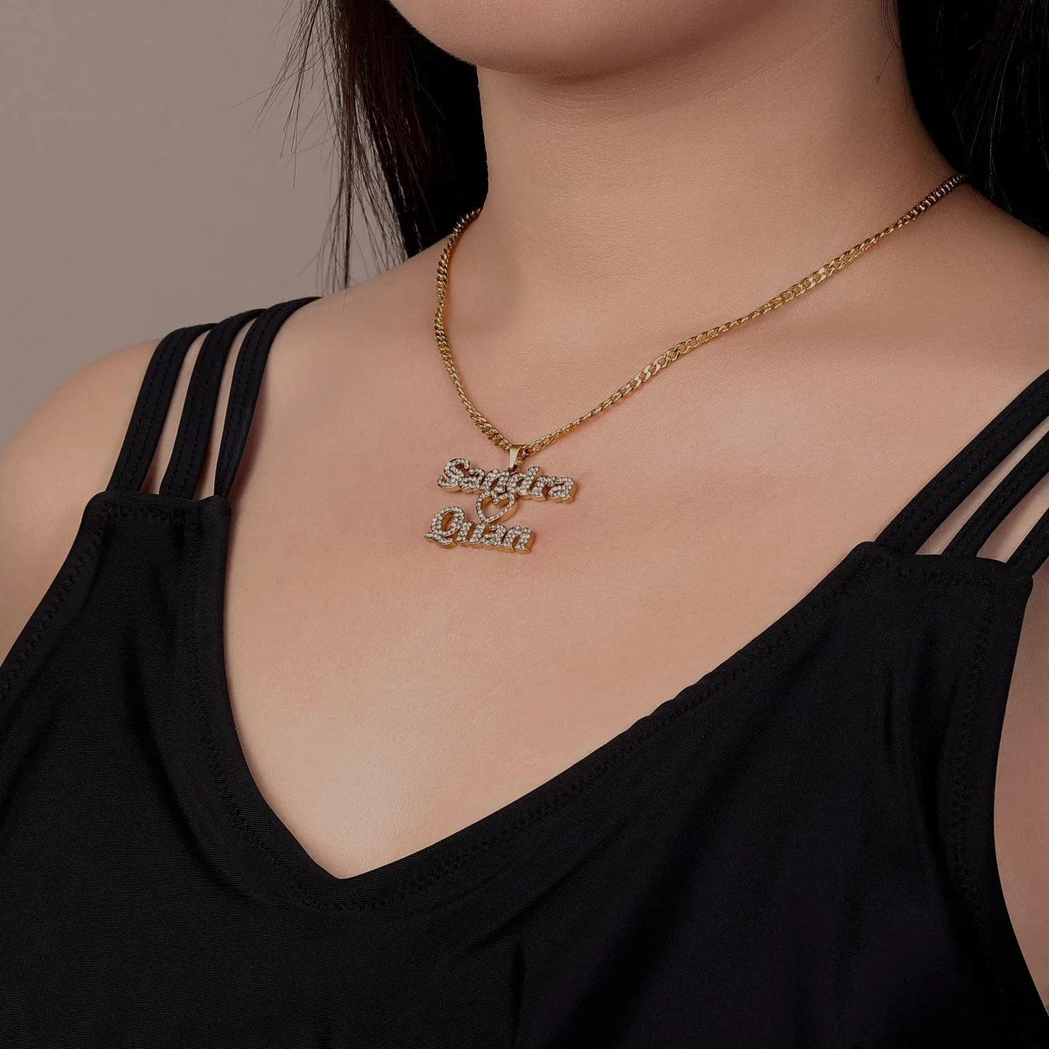 

Custom Any Double Name Necklace Zirconia Personalized Iced Out Heart Necklaces Thick Chain HipHop Choker Couple Jewelry Collier