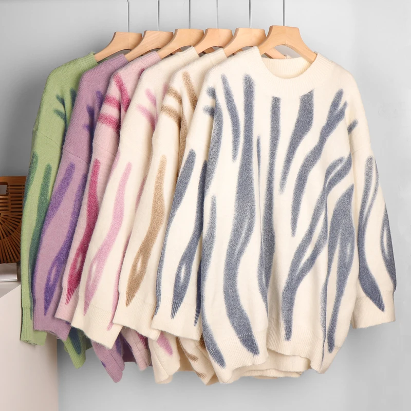 

Striped Sweater Women Winter Pullovers Oversize Knitted Sweater Loose Long Crew Neck Knitwear Sweater Ladies Tops Jerseys Mujer