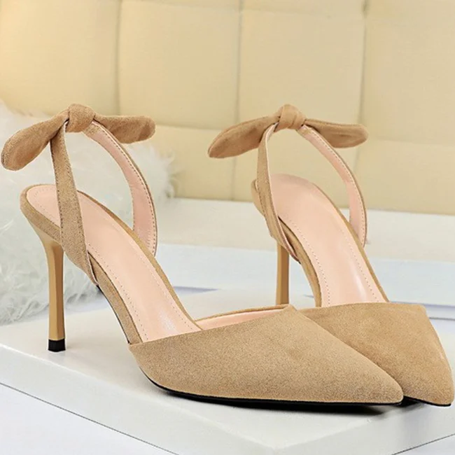 Boussac Elegant Bowtie Slingback High Heel Women Pumps Sexy Pointed Toe High Heels Ladies Shoes Suede Thin Heel Party Shoes B233