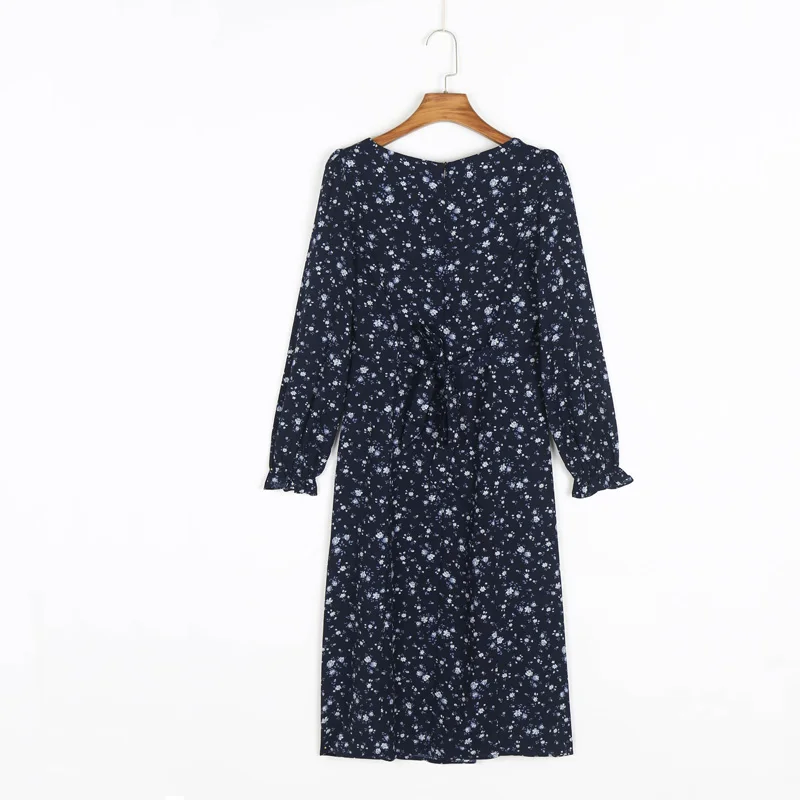 

Summer Women's Casual Flower Printed Square Neck Long Sleeve Belt Decorated Slim Dress Vestidos