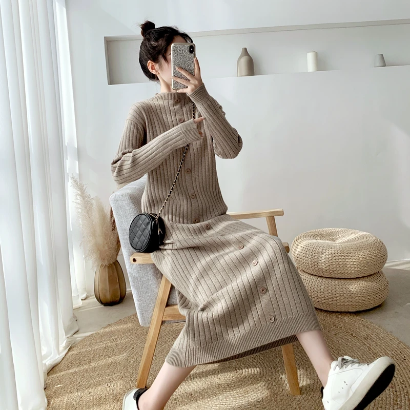 

WAVSIYIER jumper dresses autumn casual woman thick knitted korean style warm winter pollover 2020 new sweater dress women solid
