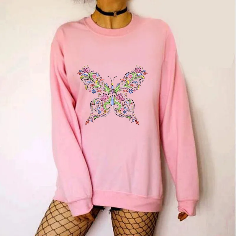 

Women Hoodie Colorful Butterfly Printed Hoodies Women Fleece Long Sleeve O Neck Loose Sweatshirt Girls Pullovers Winter