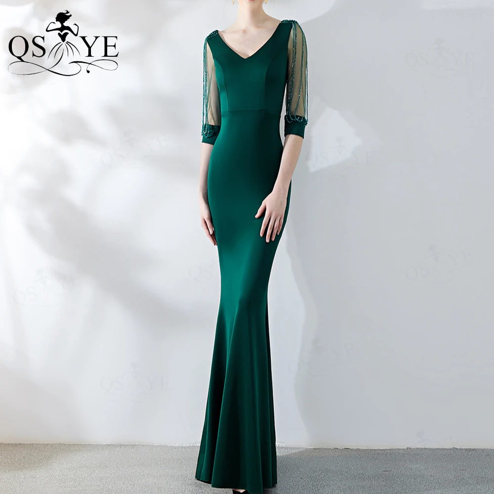 

Emerald Green Evening Dresses Beading Long Sleeves Prom Dress Crystals Stones Sexy V Neck Formal Party Gown Mermaid Green Dress