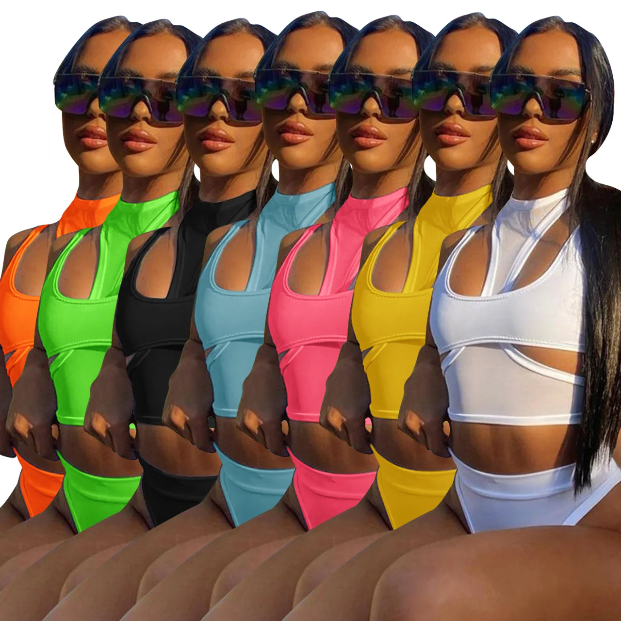 

2021 Summer Matching Suit Sexy Cut Out Crop Tank Top High Waist Biker Shorts Active Sportwear Solid Skinny 2 Piece Set Women