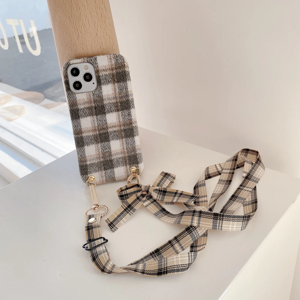 

Strap Cord Chain Warm Solid Color Plush Phone Case For iPhone 11 Pro Max 12 Mini XR XS X 7 8 Plus Neck Lanyard Carry Hang Cover
