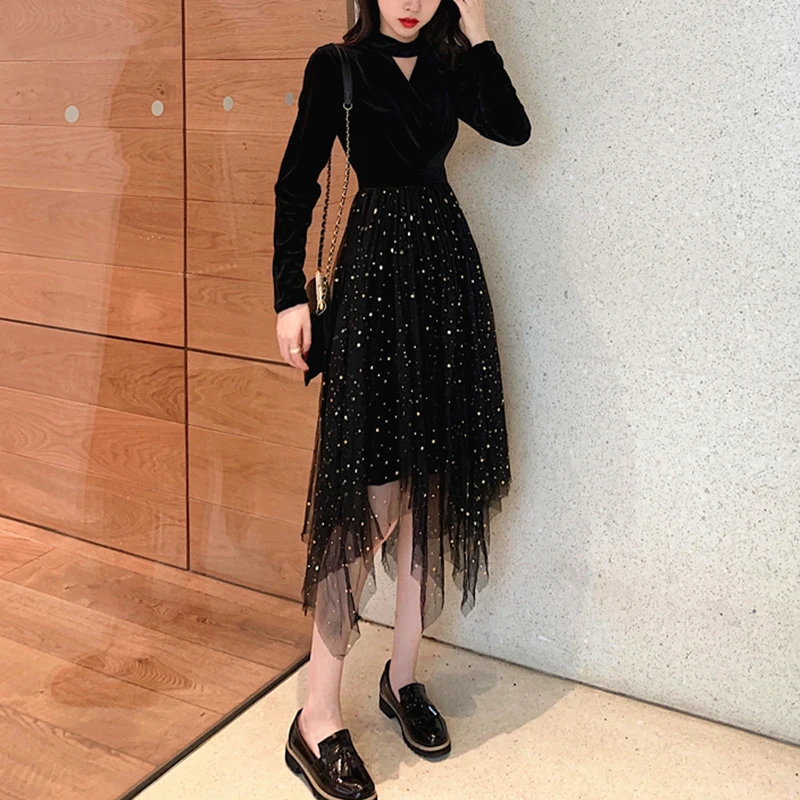 VSUE женское черное темно-синее бархатное лоскутное Сетчатое вечернее платье с