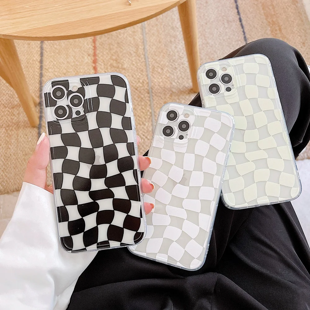 

Creativity Grid Phone Case Coque For iPhone 12 11 Pro Max SE 2020 Classic Plaid Black Soft Cover For iPhone 7 8 Plus XR X XS Max
