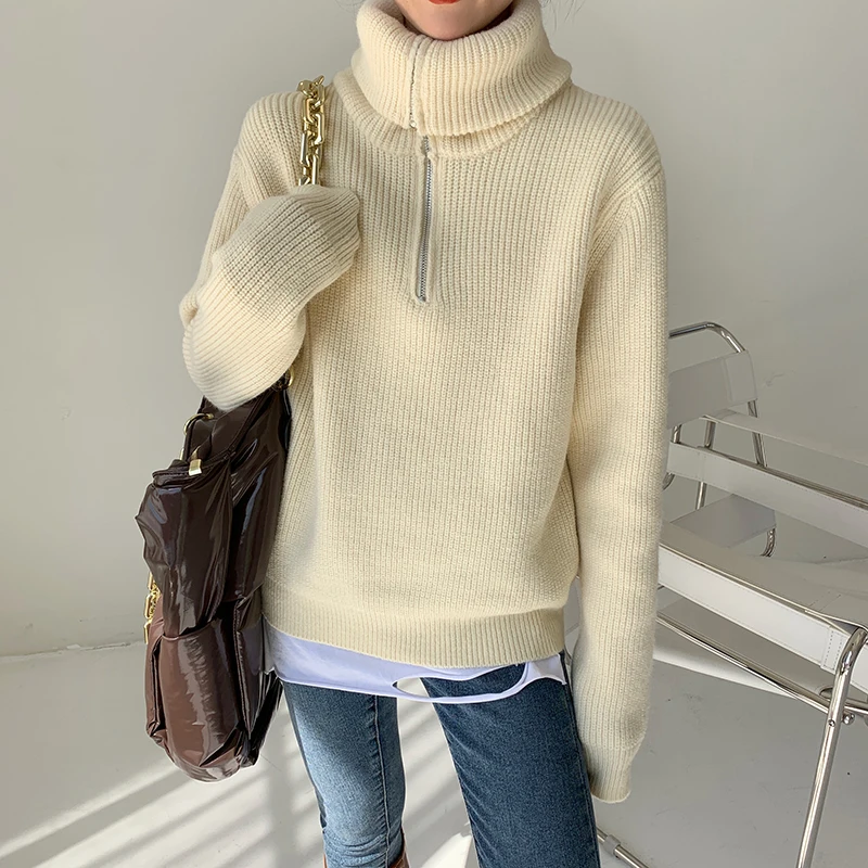 

HziriP OL Outwear Pullovers Tops Thick Warm Bottoming Sweater Women New Autumn Winter Elegant Turtleneck Zipper Knitted Sweaters