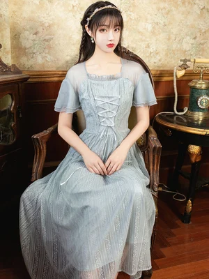 Летние французские винтажные элегантные длинные платья на шнуровке сказочное