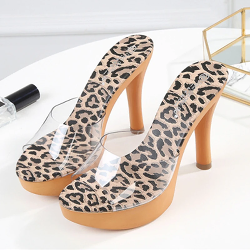 

Transparent Woman Slipper Nightclub Sexy Leopard High-heeled 11CM Platform Ladies Shoes Women Slippers Waterproof Summer Shoes