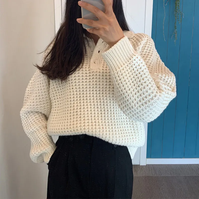 Элегантный винтажный вязаный свитер с узором женская мода три пуговицы отложной