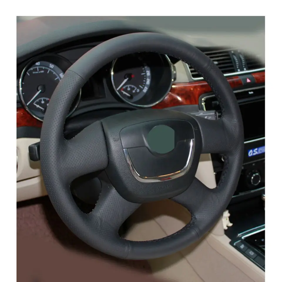 Black Genuine leather Hand-stitched Car Steering Wheel Cover for Skoda Skoda Octavia a5 2012 Octavia Superb 2012 Fabia