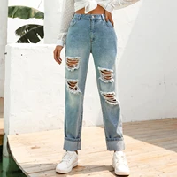 hole jeans lady fashion high waist denim long pants button pocket decoration trousers woman solid color ripped straight jeans