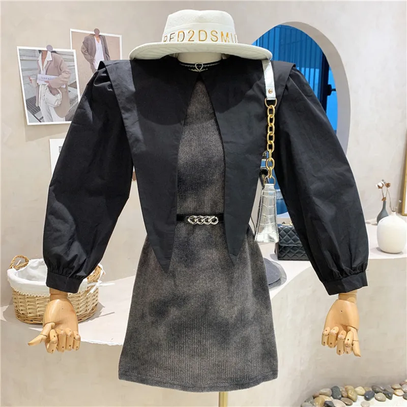 

Niche Design NEW Women's Clothing 2021 Autumn Winter Vintage Large Lapel Waist Lace Up Splicing Design Dress
