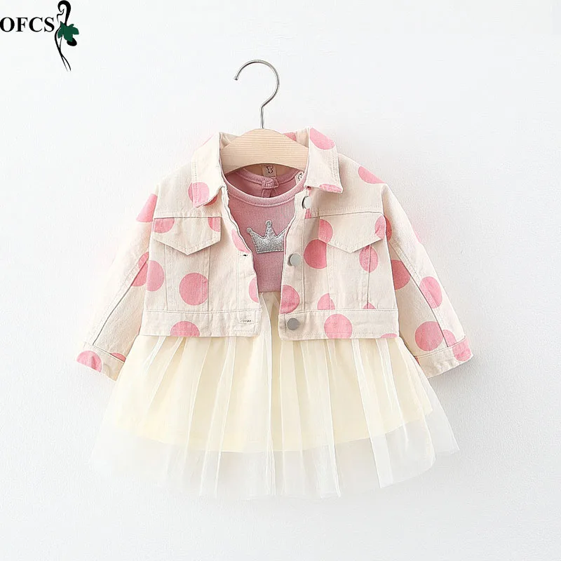 

Новый Модный комплект в горошек, пальто с длинным рукавом + платье принцессы с длинным рукавом, детский костюм из двух предметов для девочек ...