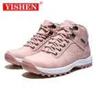 Женские зимние кроссовки YISHEN, розовые водонепроницаемые кроссовки из натуральной кожи и плюша, на платформе, на шнуровке, модные повседневные ботинки