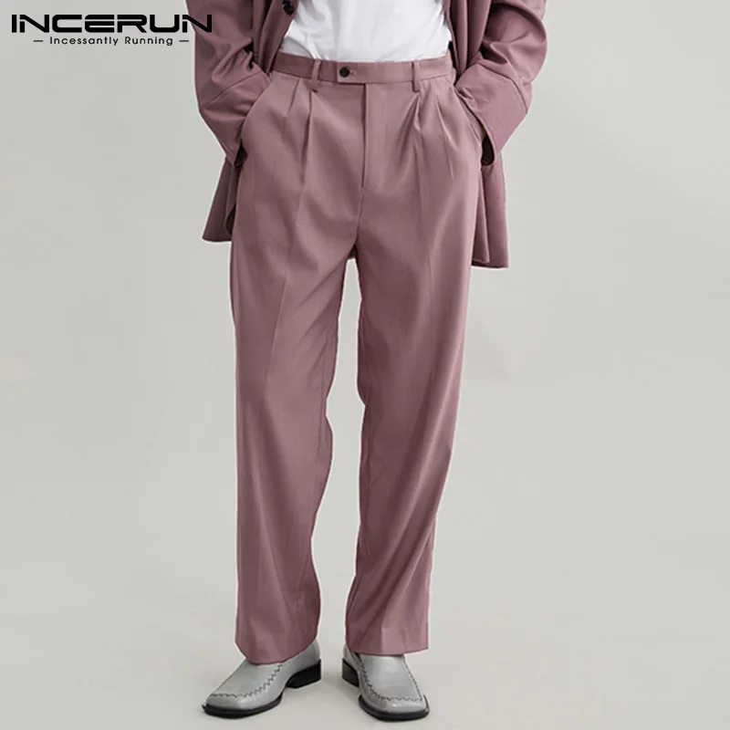 

Men Straight Pants Korean Solid Color Pockets Joggers Streetwear 2021 Casual Trousers With Belt Loose Pantalones Hombre INCERUN