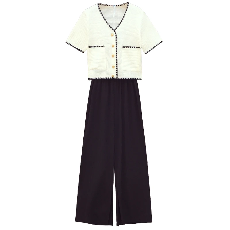 

Plus SizeL-4XL Women Pant Suit Kint Cardigan Top And Wide Leg Pant Two Piece Set 2021 Spring Summer Ladies Matching Work Outfit