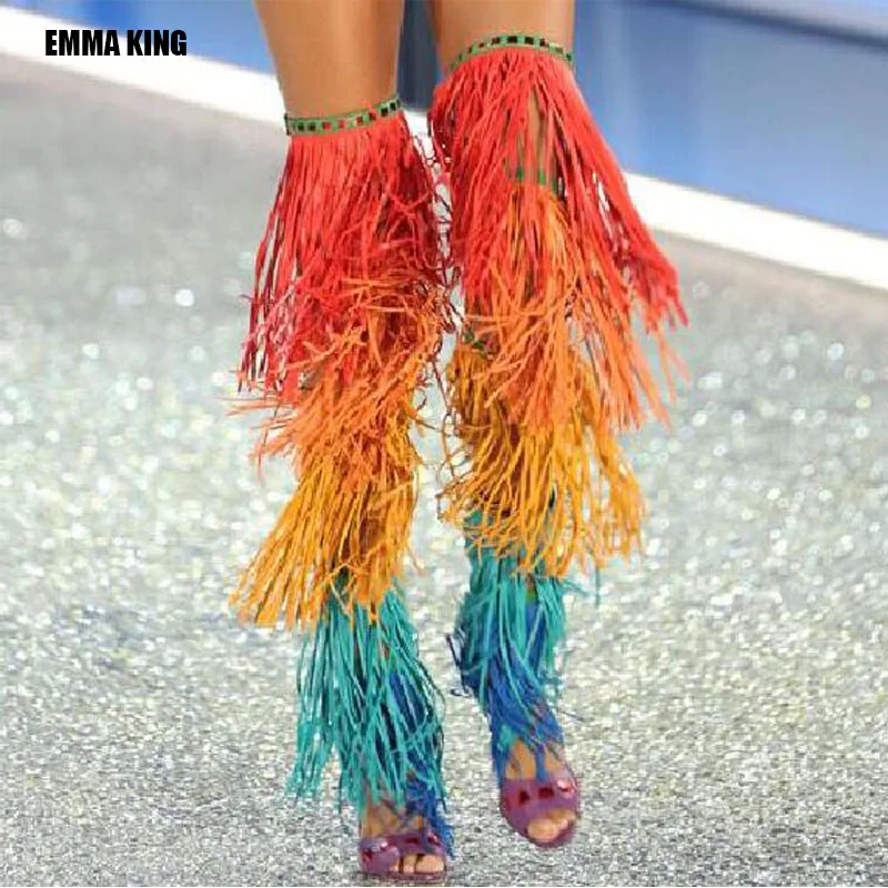 

2021 Women Over The Knee Boots Colorful Tassel Sandals Gold Hollow Out Sexy High Heels Lady Nightclub Boots Big size 44 Fashion