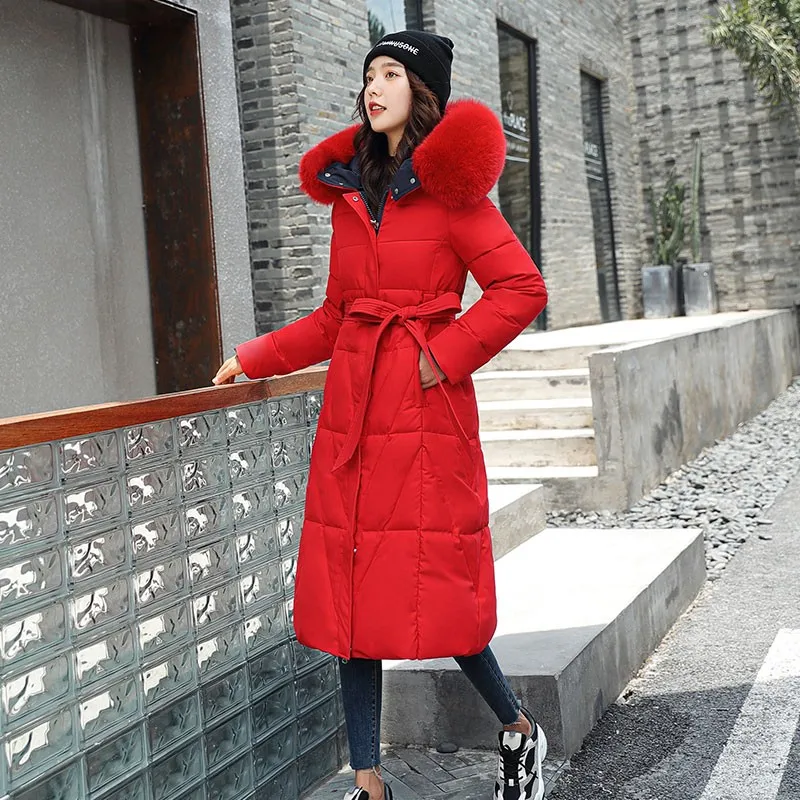 2020 Winter Jacket Women Coat Windproof Warm Female Hooded Parkas Long Design Double Sided Snow Overcoat With Belt Femme Veste