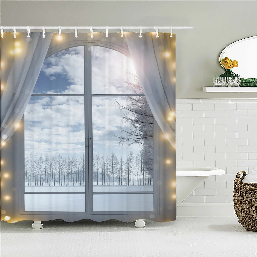 

3D window opening scenery window landscape printing shower curtain mildew washable curtain bathroom decoration with hook curtain