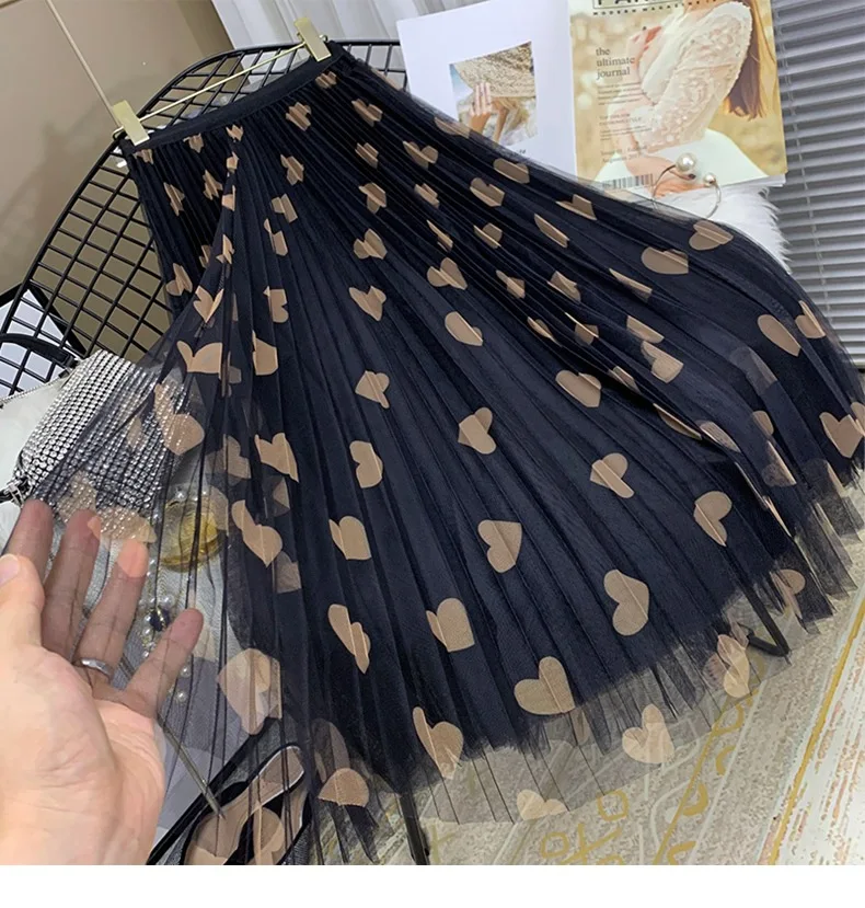 

Korean love mesh print skirt Vintage long pleated yarn woman skirts High waist pleated skirt women autumn winter 2020 new