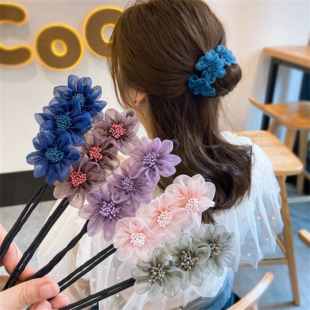 

Women Elegant Bud Chiffon Flowers Bun Maruko Hairstyles Making Long Tools Sweet Headband Hairbands Fashion Hair Accessories