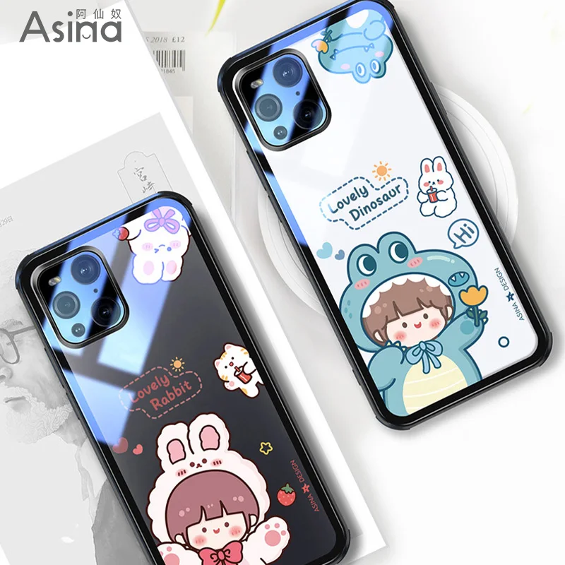

ASINA Transparent Tempered Glass Case For OPPO Find X3 Shockproof Cute Cartoon Couple Cover Bumper For OPPO Find X3 Pro Princess