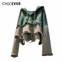 chicever patchwork hit color sweatshirt women hooded long sleeve plus size loose frayed sweatshirts female 2020 fashion clothes