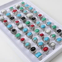 wholesale 50pcslots vintage antique silver color turquoises stone jewelry ring for mens women mix style