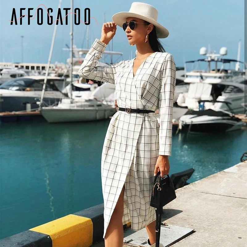 Женское длинное платье в клетку с V образным вырезом и длинным рукавом|Женские