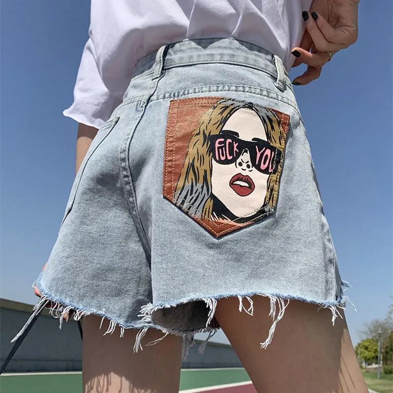 

CGC Summer High Waist Jeans Shorts Women Fashion Loose Cartoon Printing Denim Shorts Casual Female Wide Leg Short Streetwear