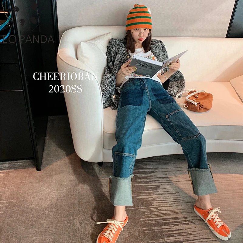 

Weekeep Pockets Patchwork High Waist Jeans Women Streetwear Straight Jean Femme Blue 100% Cotton Cargo Pants