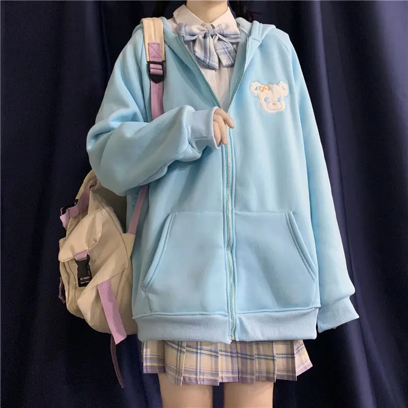 

Thick Long Sleeve Loose Embroidery Zip Up Hoodie Spring Autumn Fashion Kawaii Rabbit Ears Sweatshirt Korean Style Women Hoodies