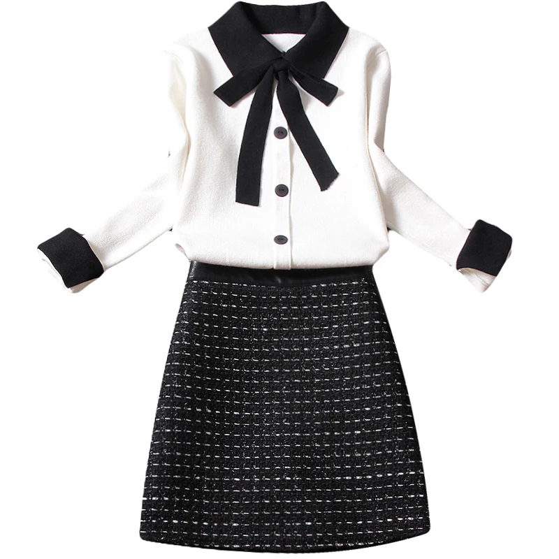 

fashion design women skirts sets 2020 autumn new bow neck knitted sweater cardigan and plaid knitted mini skirt sets