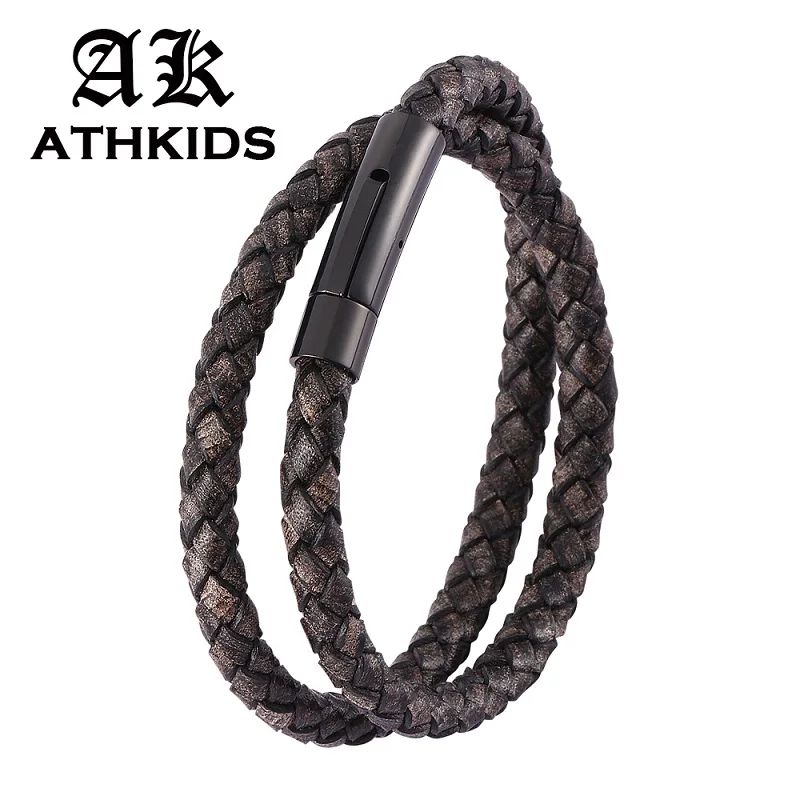 Модный Ретро черный плетеный кожаный двухслойный браслет с защелками из