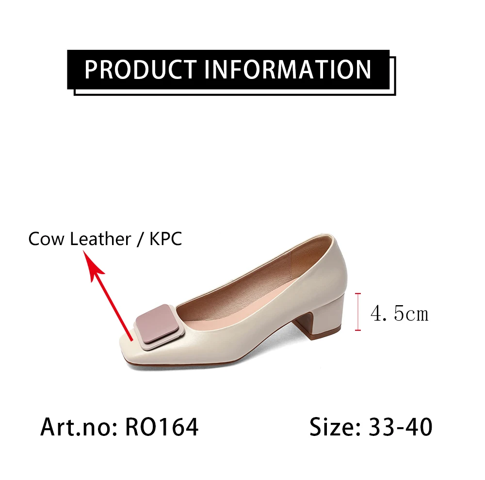 

RJN Autumn New Square Buckle Thick Heel Women's Shoes Soft Genuine Leather shallow mouth office Womens pumps Basic Casual RO164