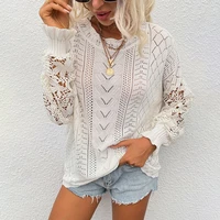 pure color casual loose autumn and winter womens lace lotus leaf sleeve lace stitching knitted sweater hollow sweater women
