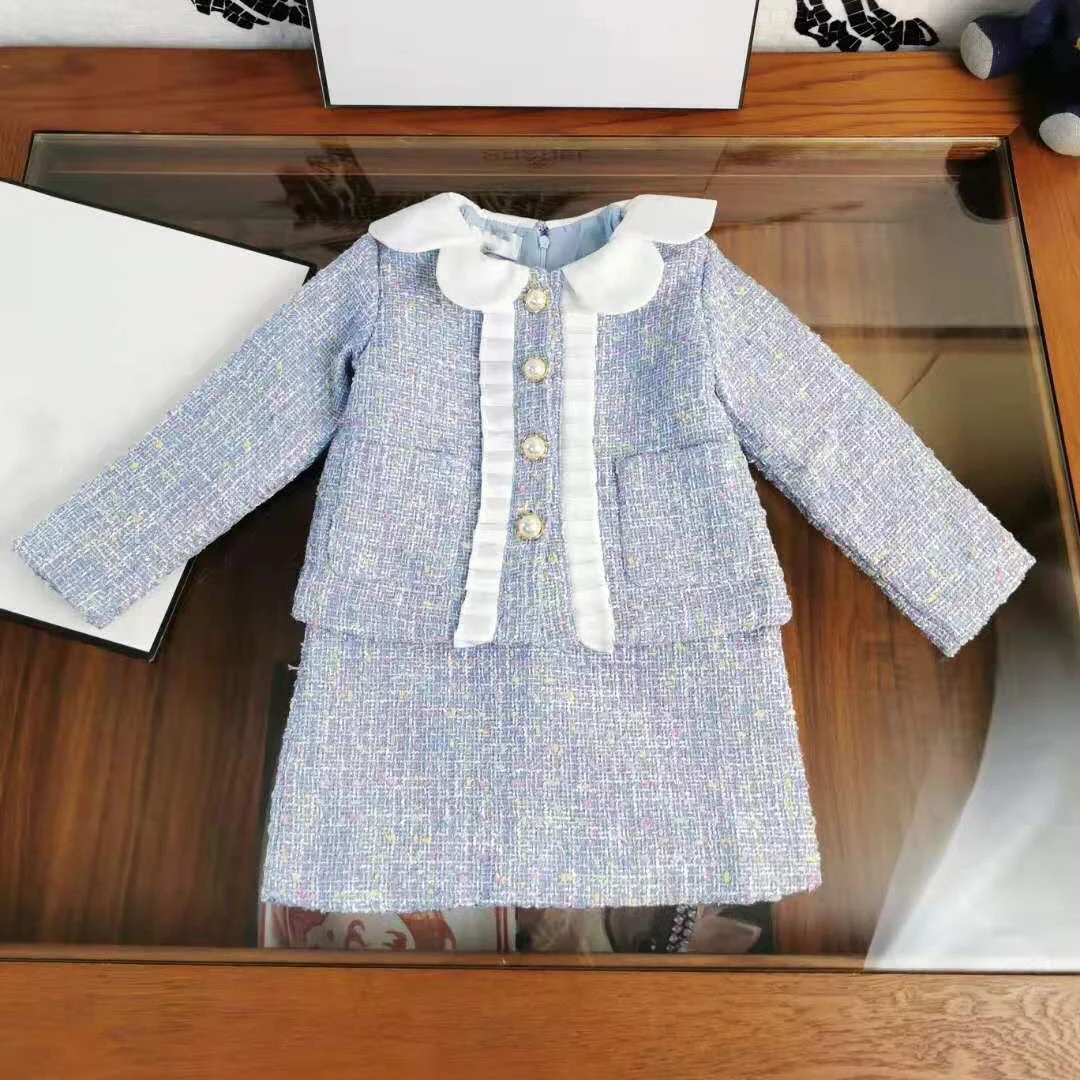 Новый дизайн зимний шерстяной твидовый комплект из 2 предметов для девочек