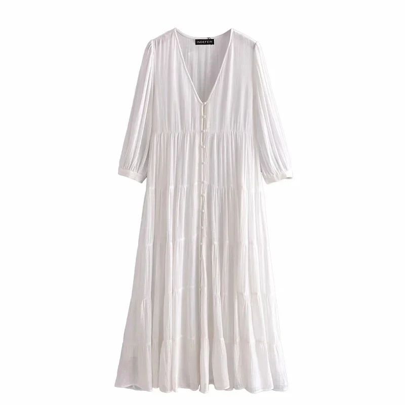 Za femmes d'été robes Oversize robe Midi bouton col V manches longues lâche femelle taille haute robes Patchwork décontracté 2021
