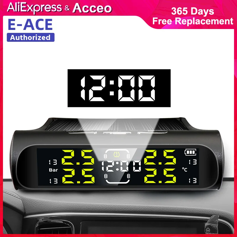 

Acceo K20/K20P Time Display Car TPMS 4 Wheel Car Tyre Pressure Monitoring System Solar Power USB Charge Security Alarm Device