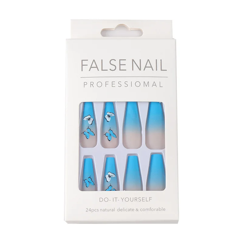 24PCS Blue Butterfly Press On Nails Long Square Head Fake Removable Wearable Artificial Salon DIY Art WD | Красота и здоровье