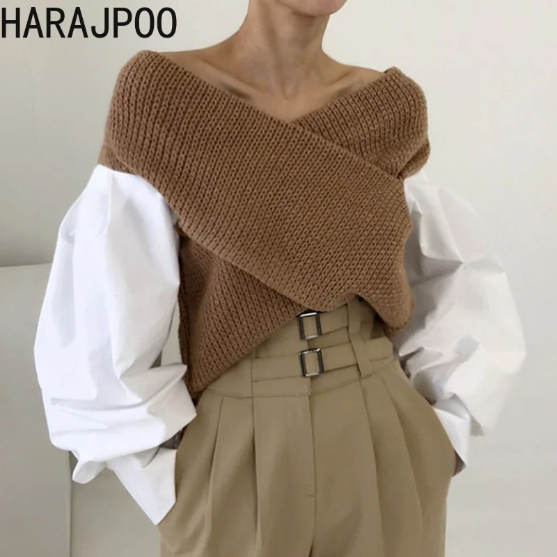 Пуловер Harajpoo Женский на осень и зиму вязаный укороченный свитер контрастных