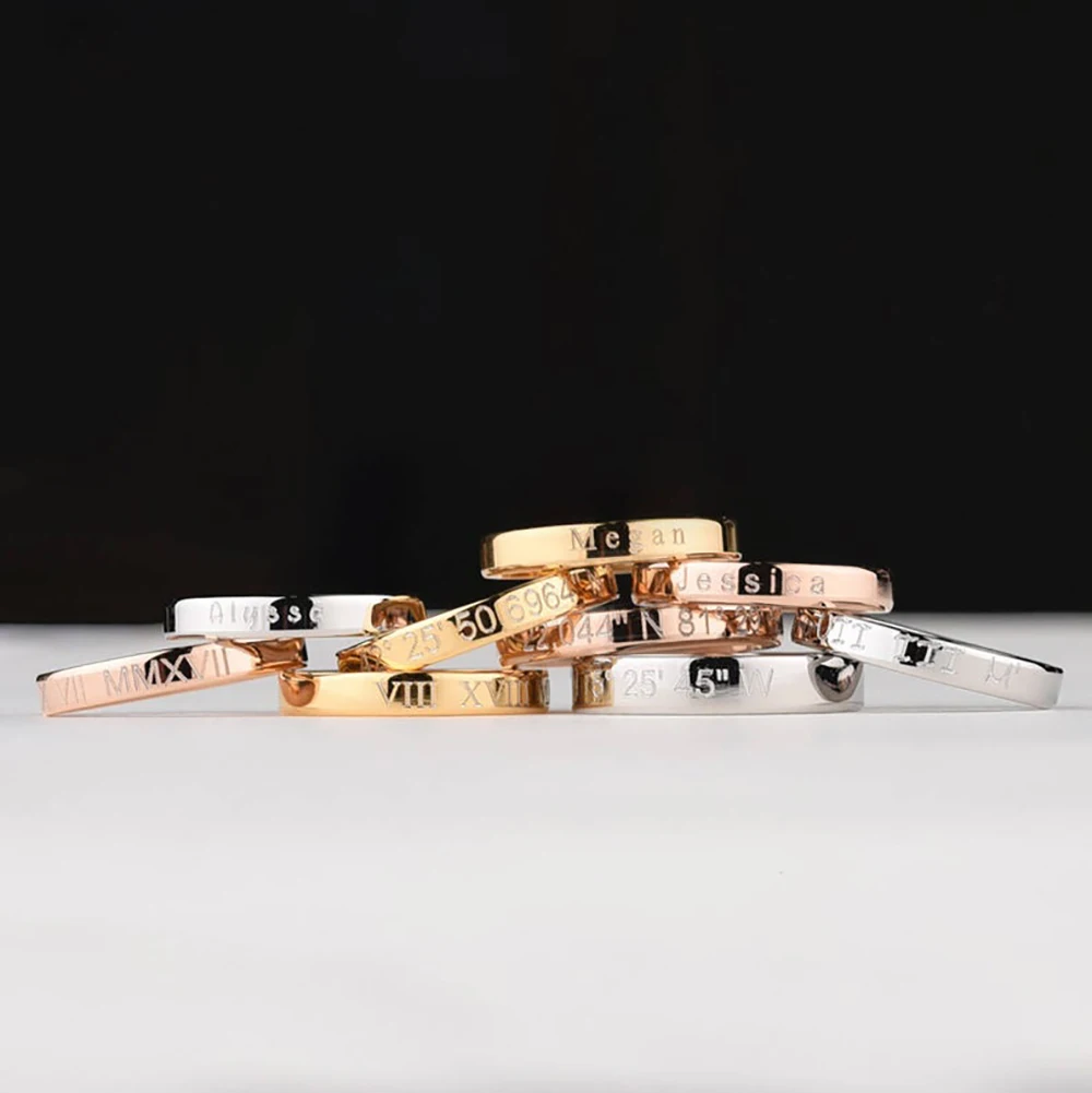 Mini-World Simple Custom Ring Engraved Name Date ID Stainless Steel Women Stacking Finger Engagement Jewelry Memorial Gift | Украшения и