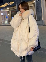 2021 womens duck down padded coat with natural real fur hood high street jacket for female lady parkas white plus big oversized