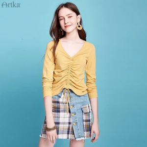 Женская футболка с длинным рукавом ARTKA, белая футболка из 100% хлопка с v-образным вырезом, 2 цвета, весна-лето 2020