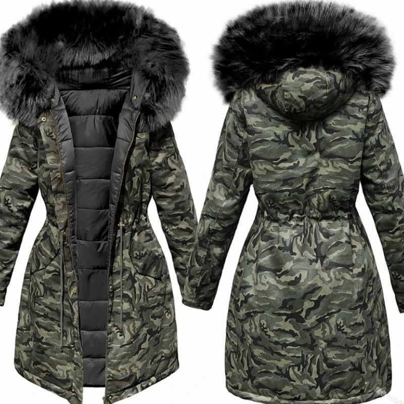

Lugentolo Winter Coat Women ParkasCamouflage Hooded Warm Fashion Zipper Long Sleeve Slim Jacket