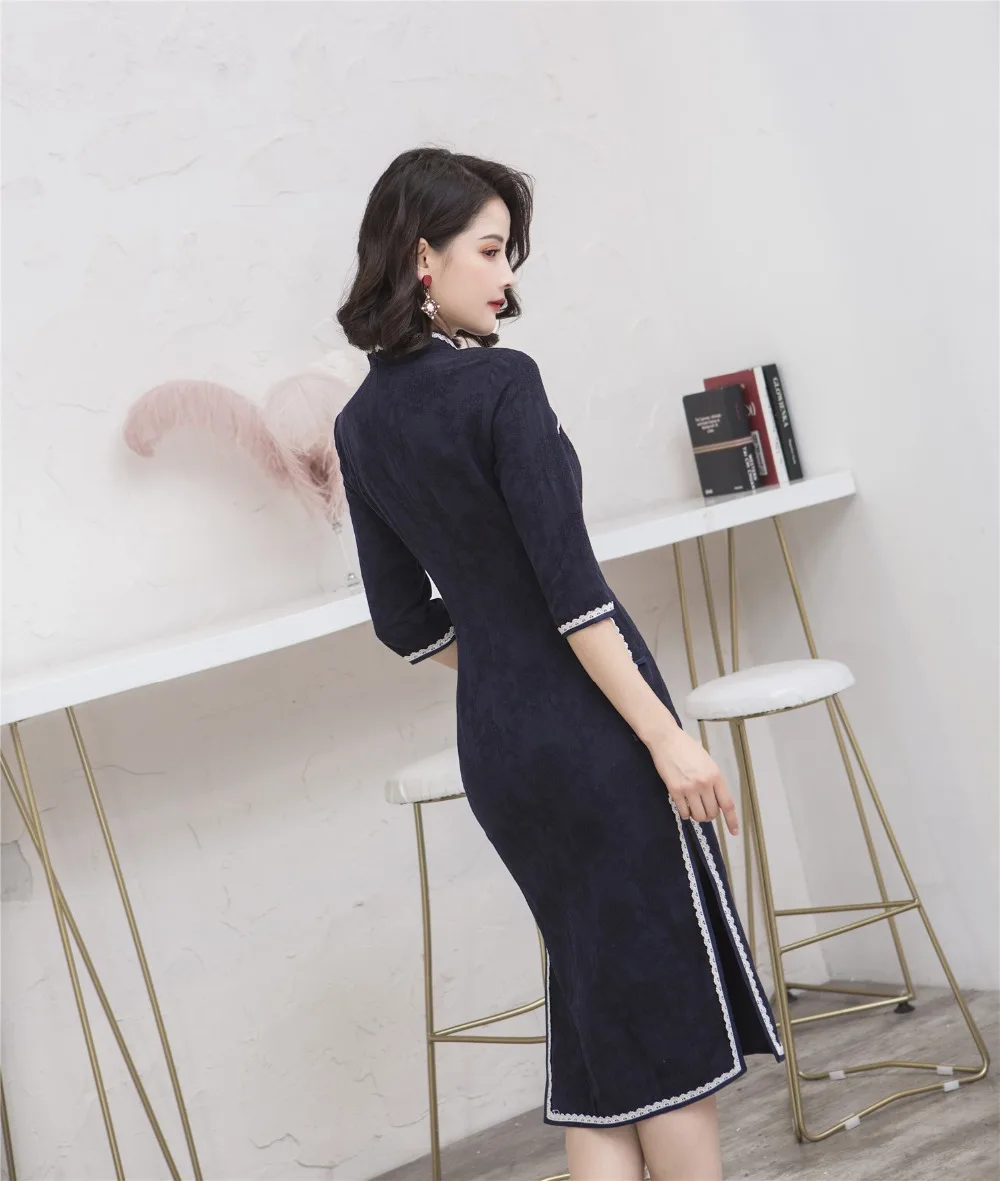 Шанхай история Половина рукава по колено cheongsam платье хлопок лен Винтаж Ципао китайское платье китайский стиль платье для женщин